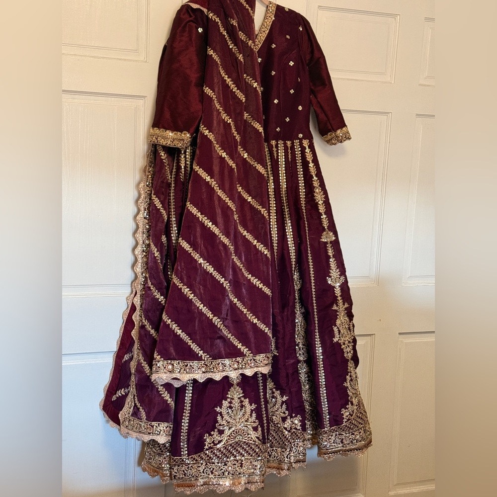Elegant Maroon Long Sleeve Dress with Gold Accents